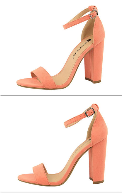Summer Women’s Heels: 9.5 cm Gladiator Sandals, Yellow/Nude/Purple, Square Block Platform