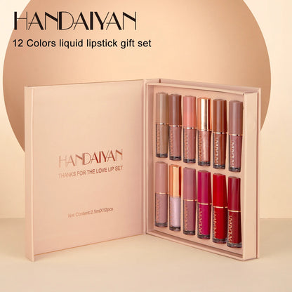 HANDAIYAN 12-Color Velvet Matte Lip Gloss Set — Liquid Lipstick Gift Box