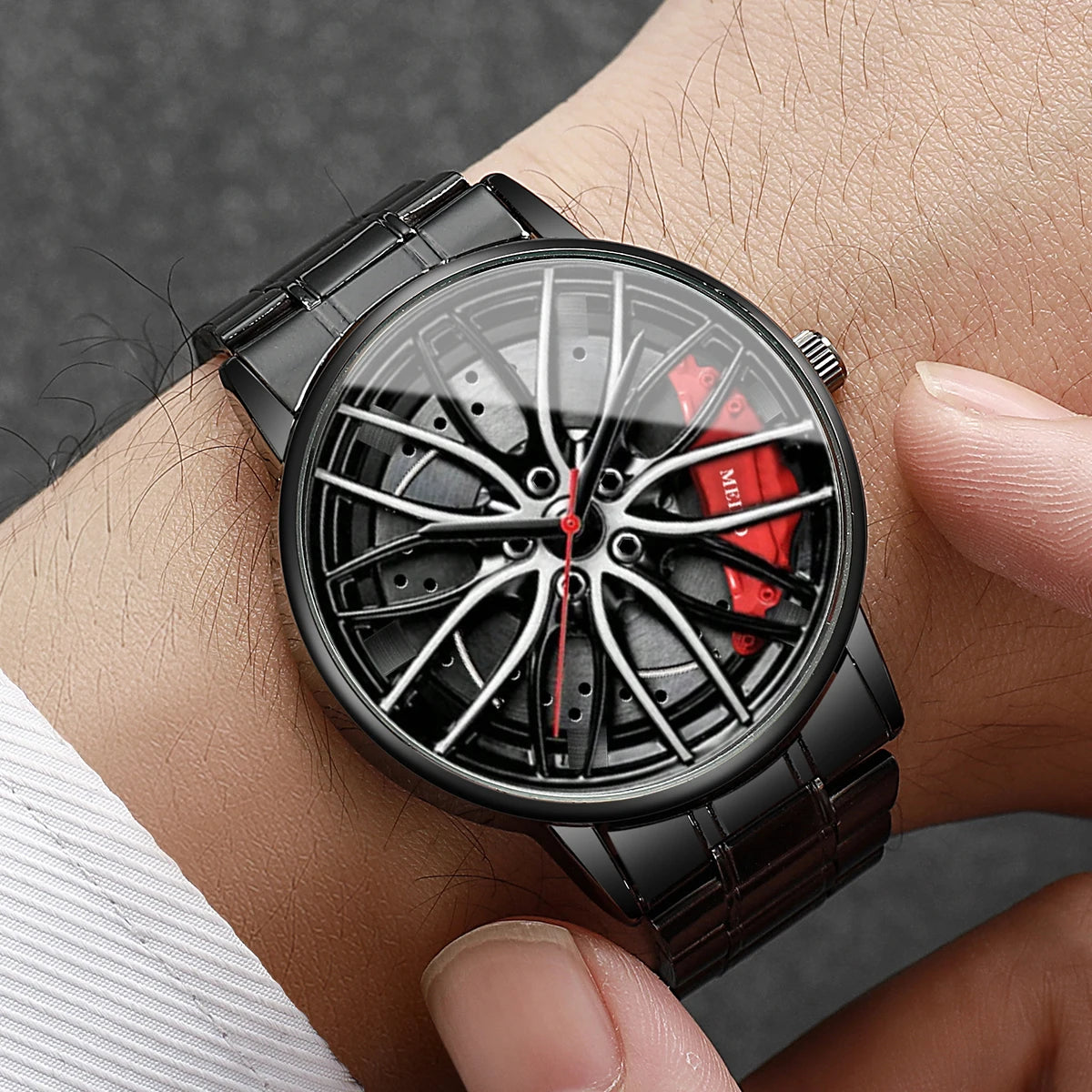 Men’s Sports Fashion Watch – 3D Car Wheel Dial, Stainless Steel Band, Quartz