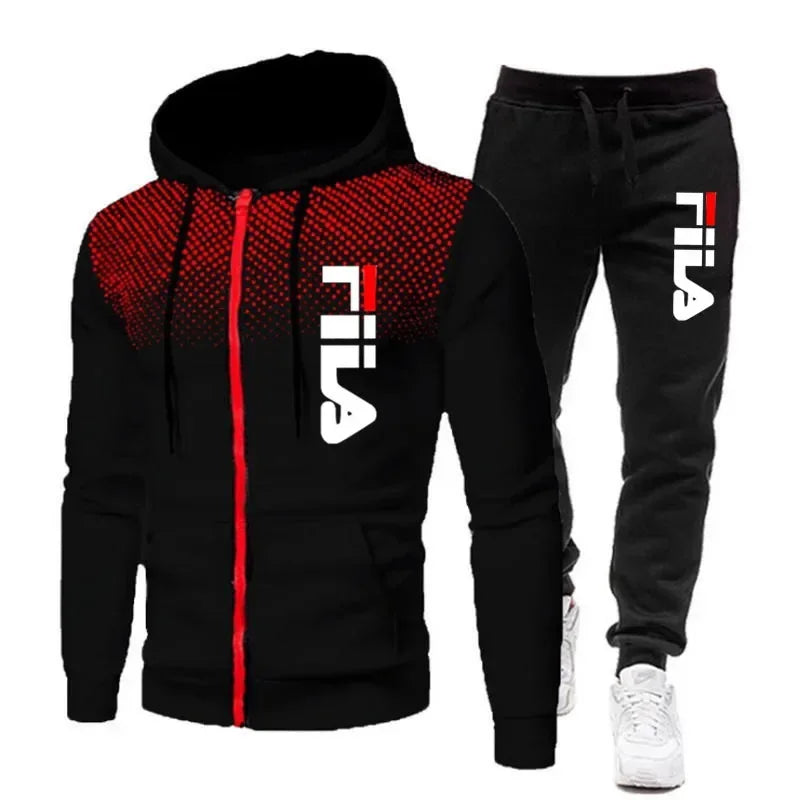 Men's Casual Sportswear Set: Printed Zip Hoodie + Two Stretch-Pants Sets