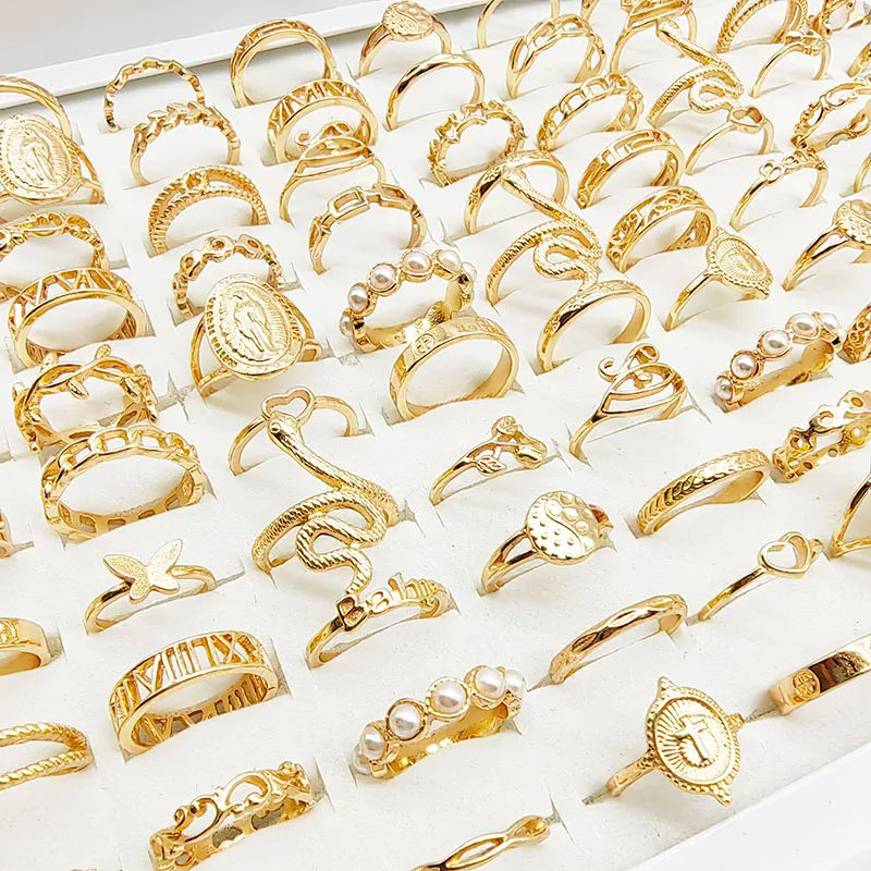 30pc/Lot Gold Color Finger Rings for Girls — Love, Snake, Animal, Butterfly, Cutout, Star, Pearl, Thin Joint