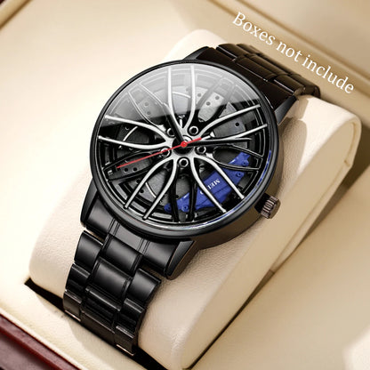Men’s Sports Fashion Watch – 3D Car Wheel Dial, Stainless Steel Band, Quartz