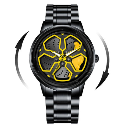 Original Wheel Rotating Men Watch — Black Stainless Steel Strap, 3Bar Quartz