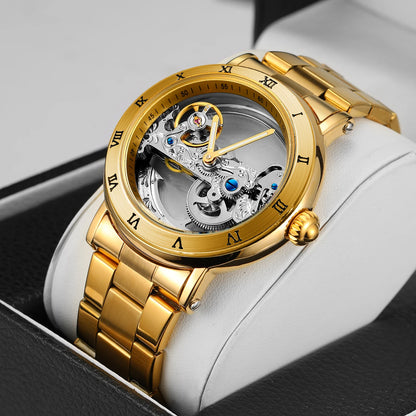 Vintage Mechanical Watch: Golden Bridge Skeleton, Automatic, Leather Strap, Luminous Hands