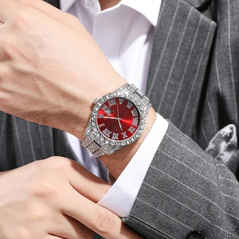 Men's Luxury Rhinestone Watch – 40mm Glass Dial, Iced Steel Bracelet, Custom Band Length