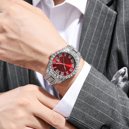 Men's Luxury Rhinestone Watch – 40mm Glass Dial, Iced Steel Bracelet, Custom Band Length