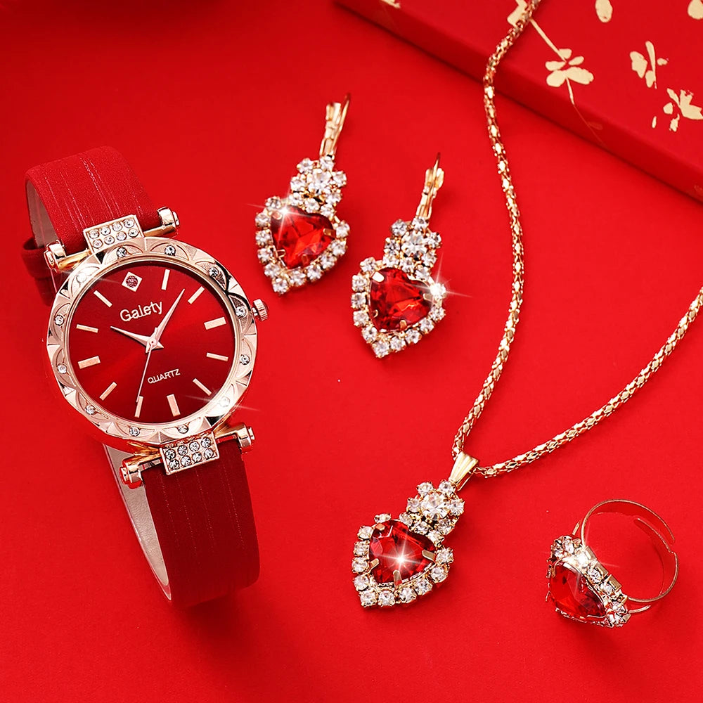 5-Pack Women’s Quartz Watch Set: Red Leather Straps + Heart Jewelry (Gifts for Eid)