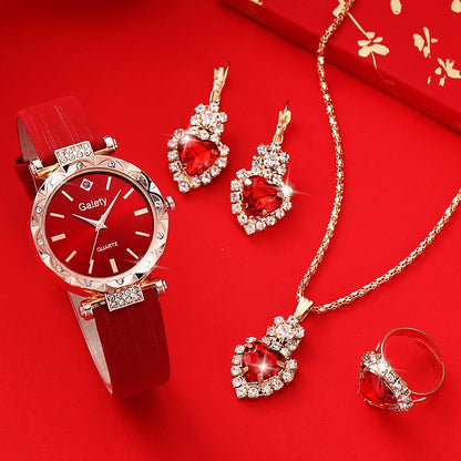 5-Pack Women’s Quartz Watch Set: Red Leather Straps + Heart Jewelry (Gifts for Eid)