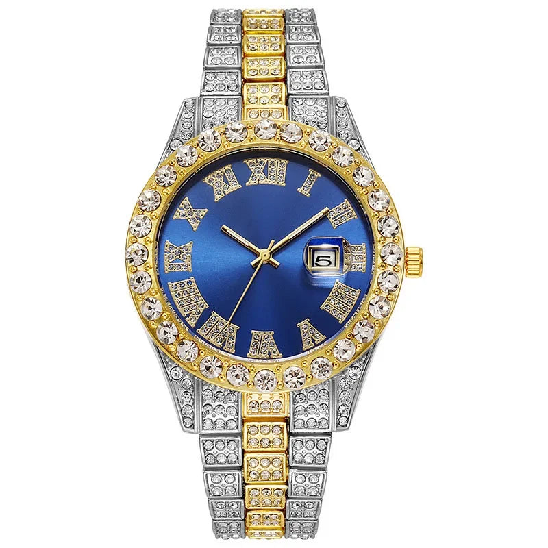 Men's Luxury Rhinestone Watch – 40mm Glass Dial, Iced Steel Bracelet, Custom Band Length
