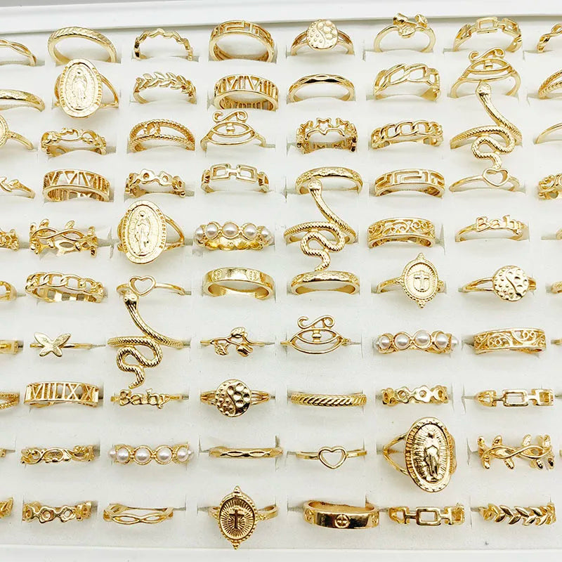 30pc/Lot Gold Color Finger Rings for Girls — Love, Snake, Animal, Butterfly, Cutout, Star, Pearl, Thin Joint