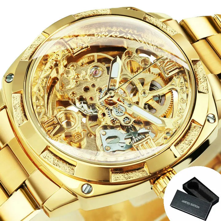 Skeleton Automatic Watch — Forsining, Engraved Movement, Gold Square