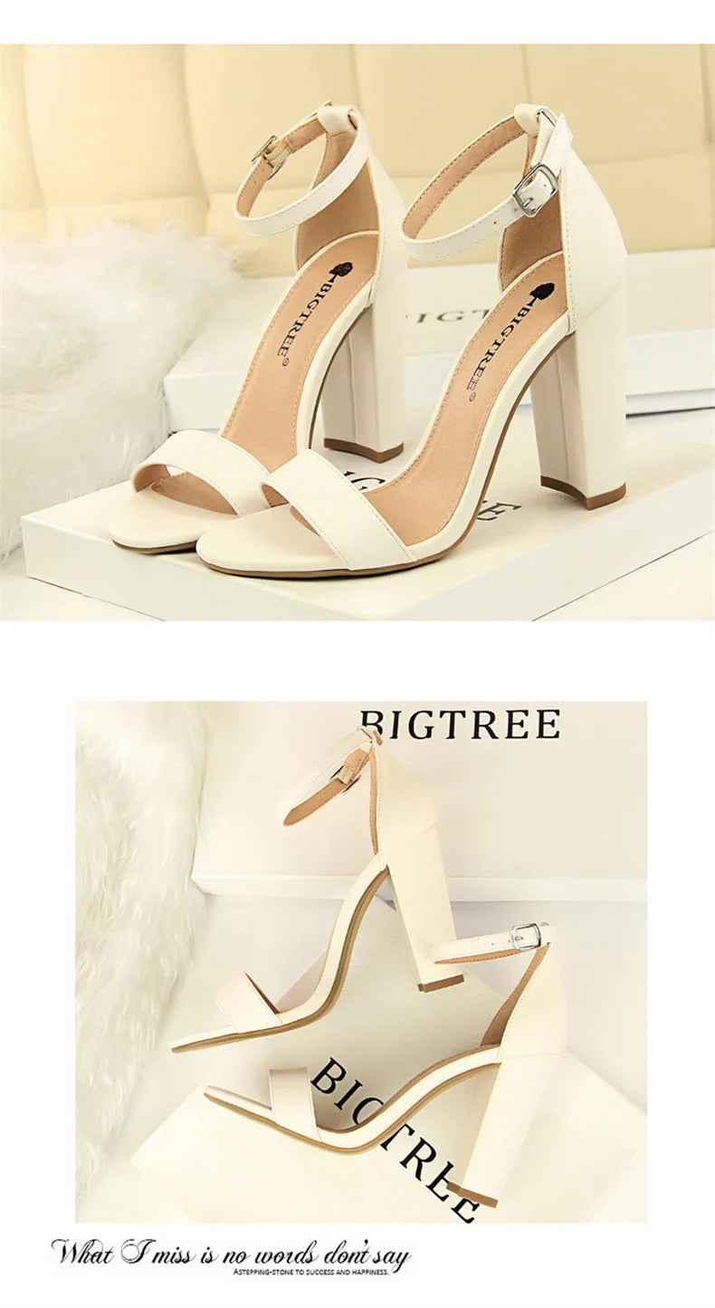 Summer Women’s Heels: 9.5 cm Gladiator Sandals, Yellow/Nude/Purple, Square Block Platform
