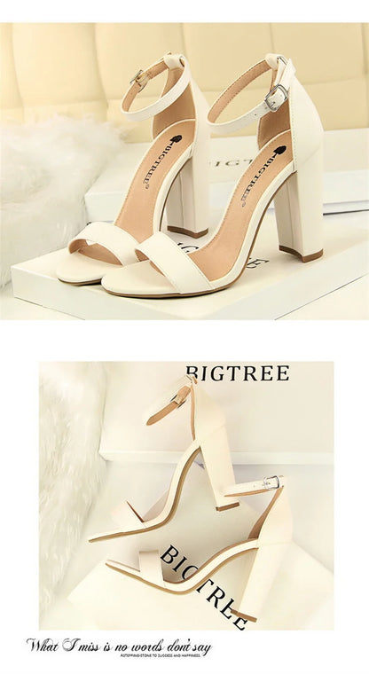 Summer Women’s Heels: 9.5 cm Gladiator Sandals, Yellow/Nude/Purple, Square Block Platform