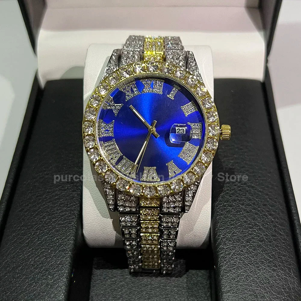 Men's Luxury Rhinestone Watch – 40mm Glass Dial, Iced Steel Bracelet, Custom Band Length