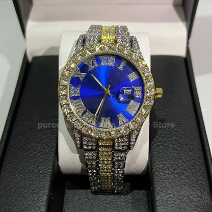 Men's Luxury Rhinestone Watch – 40mm Glass Dial, Iced Steel Bracelet, Custom Band Length
