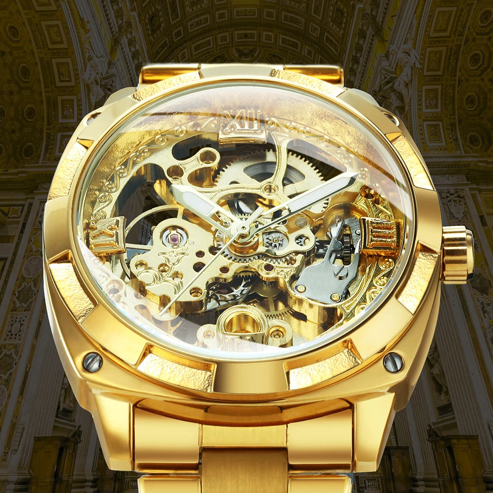 Skeleton Automatic Watch — Forsining, Engraved Movement, Gold Square