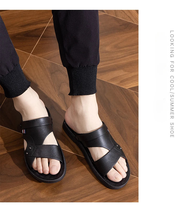 Summer Men’s Leather Sandals — Dual Purpose, Non-Slip, Open-Toe